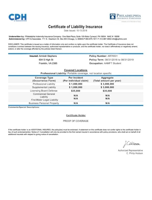 USA Pennsylvania Certificate of Liability Insurance
